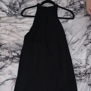 Black Slip Dress w/ Mock Neck and Deep V Cut Back